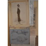 Box containing a quantity of unframed ink and other drawings, portrait, landscape and other