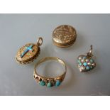 Yellow metal and turquoise set ring (at fault), together with three similar lockets