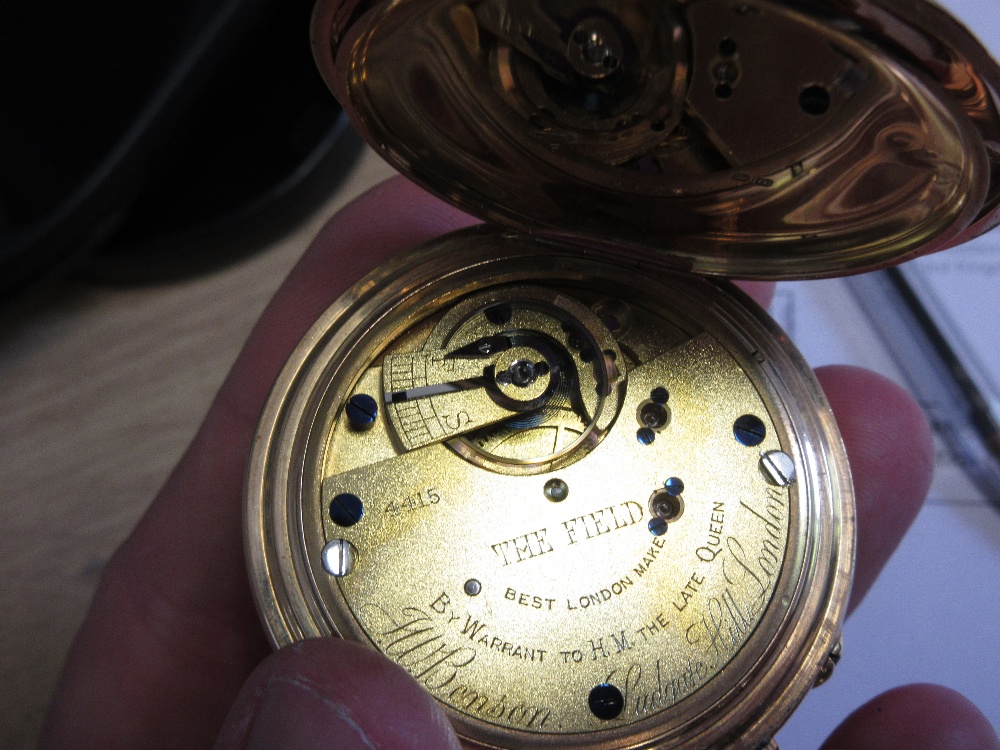 English 18ct gold cased half hunter crown wind pocket watch by J.W. Benson, London, ' The field - Image 5 of 7