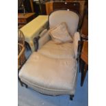 Good quality reproduction French style drawing room armchair upholstered in a beige stripe fabric