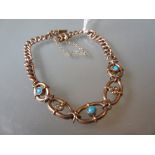 9ct Rose gold, turquoise and split pearl set curb link and oval link design bracelet 4g