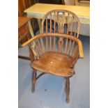 Late 19th / early 20th Century slat and stickback kitchen elbow chair on turned supports with