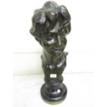 Jules Herbays patinated bronze bust of a young woman, signed in the bronze and mounted on a circular