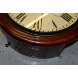 Circular mahogany wall clock, the 12in painted dial with Roman numerals with a single train fusee