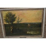 Miguel Canals after Corot, oil on canvas, figure in a landscape (Canals studio stencil verso), 13ins