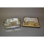 Glass and silver plate hors d'oeuvre dish together with a cased pair of silver plated spoons