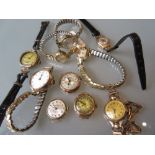 Ten various ladies gold cased wristwatches (at fault) Rotary watch is working, gold plated strap,