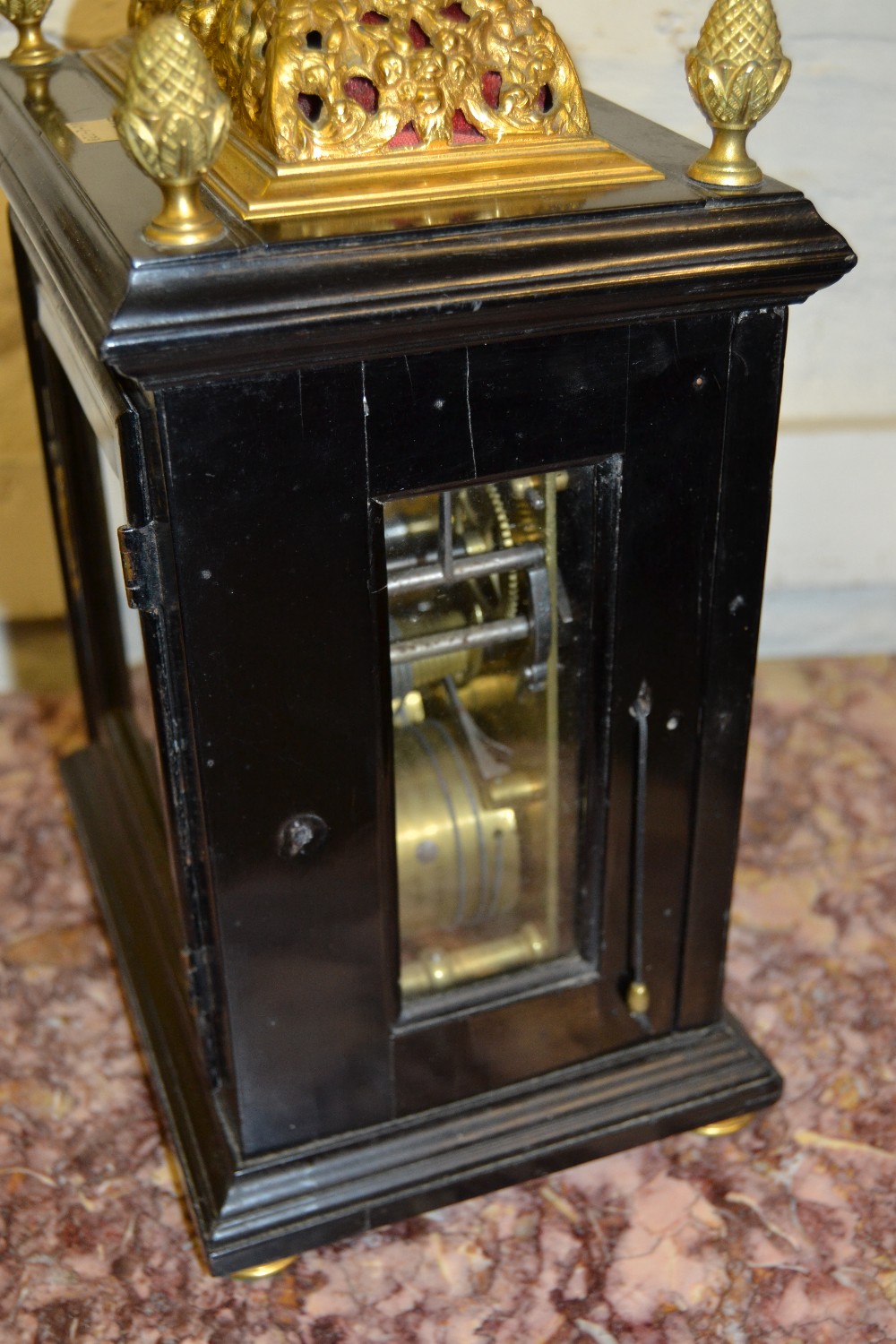 Small 18th Century ebonised and gilt brass table or bracket clock, the gilt basket top and acorn - Image 5 of 19