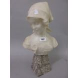 19th Century carved alabaster bust of a young girl on a marble plinth, 16ins high