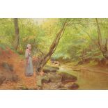 W. Maliphant, watercolour, an autumnal river scene with a girl with a jug standing beside a tree