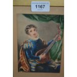 19th Century watercolour, man in an interior playing a lute, unsigned, gilt framed, 5.5ins x 4ins,