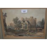 Coloured print, 'The Gateway Kenilworth', pencil sketch of a house inscribed Broszkow, large