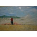 Large 20th Century oil on board, farm worker burning crops, indistinctly signed, dated 1987, gilt