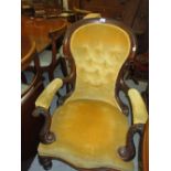 Victorian carved walnut gold velvet button upholstered balloon back open elbow chair raised on
