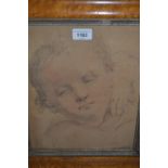 19th Century sepia chalk, pencil and watercolour, head and shoulder portrait of a child, maplewood