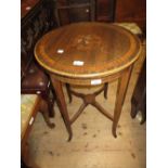 Edwardian mahogany circular floral inlaid and crossbanded occasional table with crossover