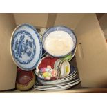 Box containing a quantity of 19th Century ceramics including: Staffordshire, motto ware, tin plate