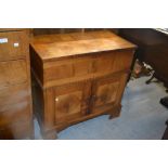 Small mid 20th Century parquetry inlaid walnut side cabinet with a hinged cover above two drawers on