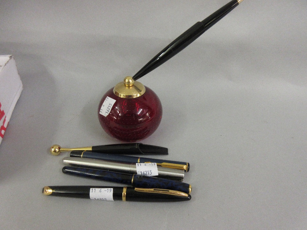 Waterman fountain pen with an 18ct gold nib together with a Parker pen stand and a quantity of other