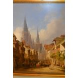 Caleb Robert Stanley, oil on canvas, street scene in Rouen with numerous traders and a cathedral