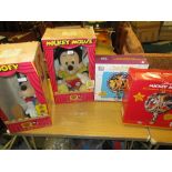 Six various boxed children's toys including Mickey Mouse, Winnie the Pooh, Katie Copycat and Wanda
