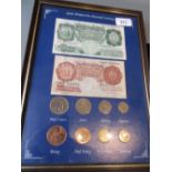 Framed pre-decimal currency set including one pound note , ten shilling note, together with a framed