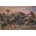 Oil on paper laid on board, World War I scene with soldiers and a gun carriage, signed ' Olley ',