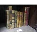 Group of seven small part leather bound volumes, ' The Book of Fun ', ' Bewicks Wood Cuts ', '