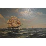 Early 20th Century oil on canvas, three masted sailing ship in heavy seas, signed indistinctly,