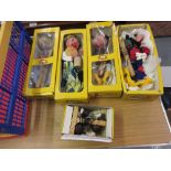 Two boxed Pelham puppets, Mickey Mouse and Goofy, with three further boxed puppets, Old Lady,