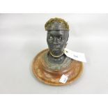Unusual novelty inkwell in the form of a female African bust with patinated and cold painted
