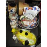 Murano glass clown decanter with stopper, three graduated Masons Ironstone jugs, oval Imari bowl and