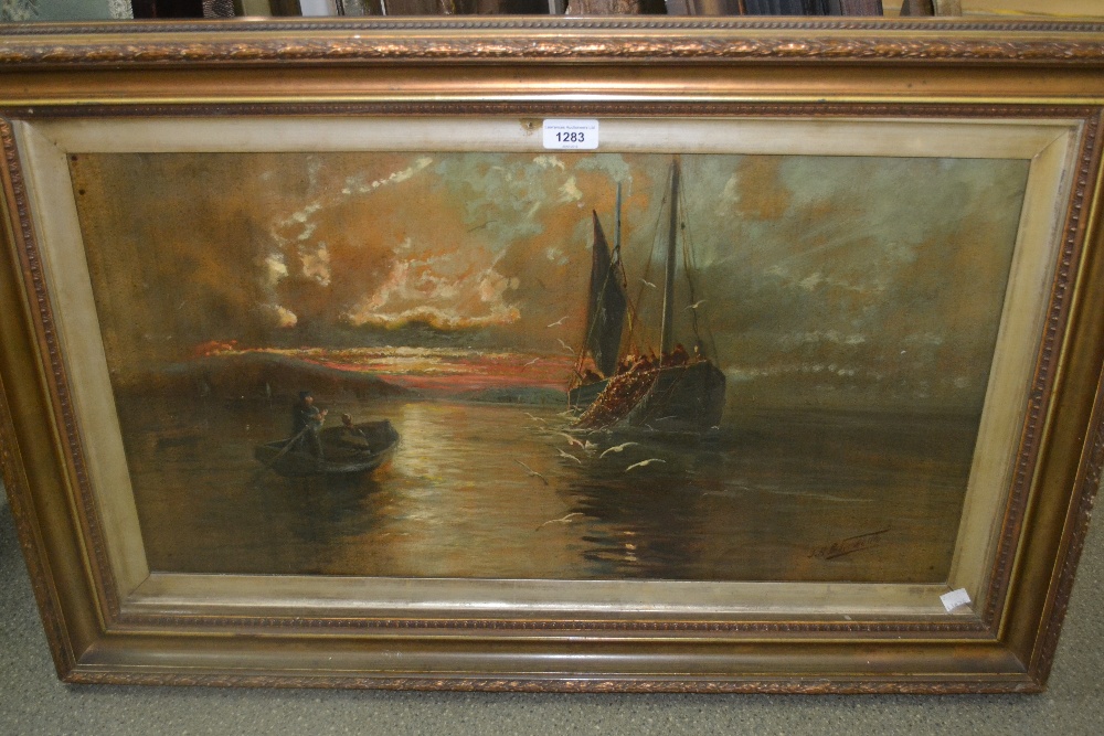 J.H. Butterworth, overpainted print on canvas, fishermen with catch, gilt framed, 14ins x 26ins