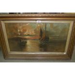 J.H. Butterworth, overpainted print on canvas, fishermen with catch, gilt framed, 14ins x 26ins