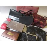 Three various handbags, two black beaded evening bags and a small fabric evening bag by Harrods,