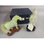 20th Century Chinese carved green jadite figure of a standing horse with original blue box,