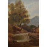Edward Priestey signed 19th Century oil on board, landscape with two figures by a waterfall,