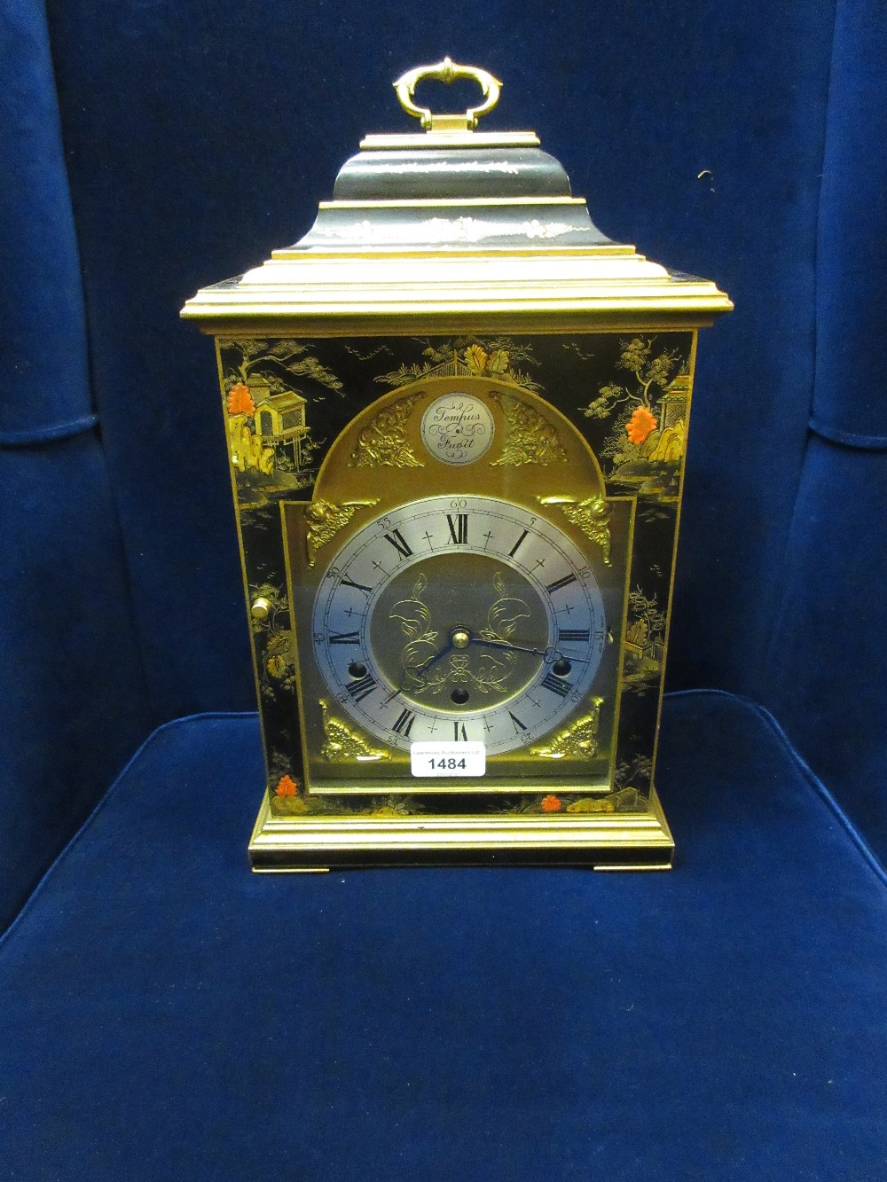 Reproduction black chinoiserie lacquer bracket clock by Elliott of London for Mappin and Webb, the