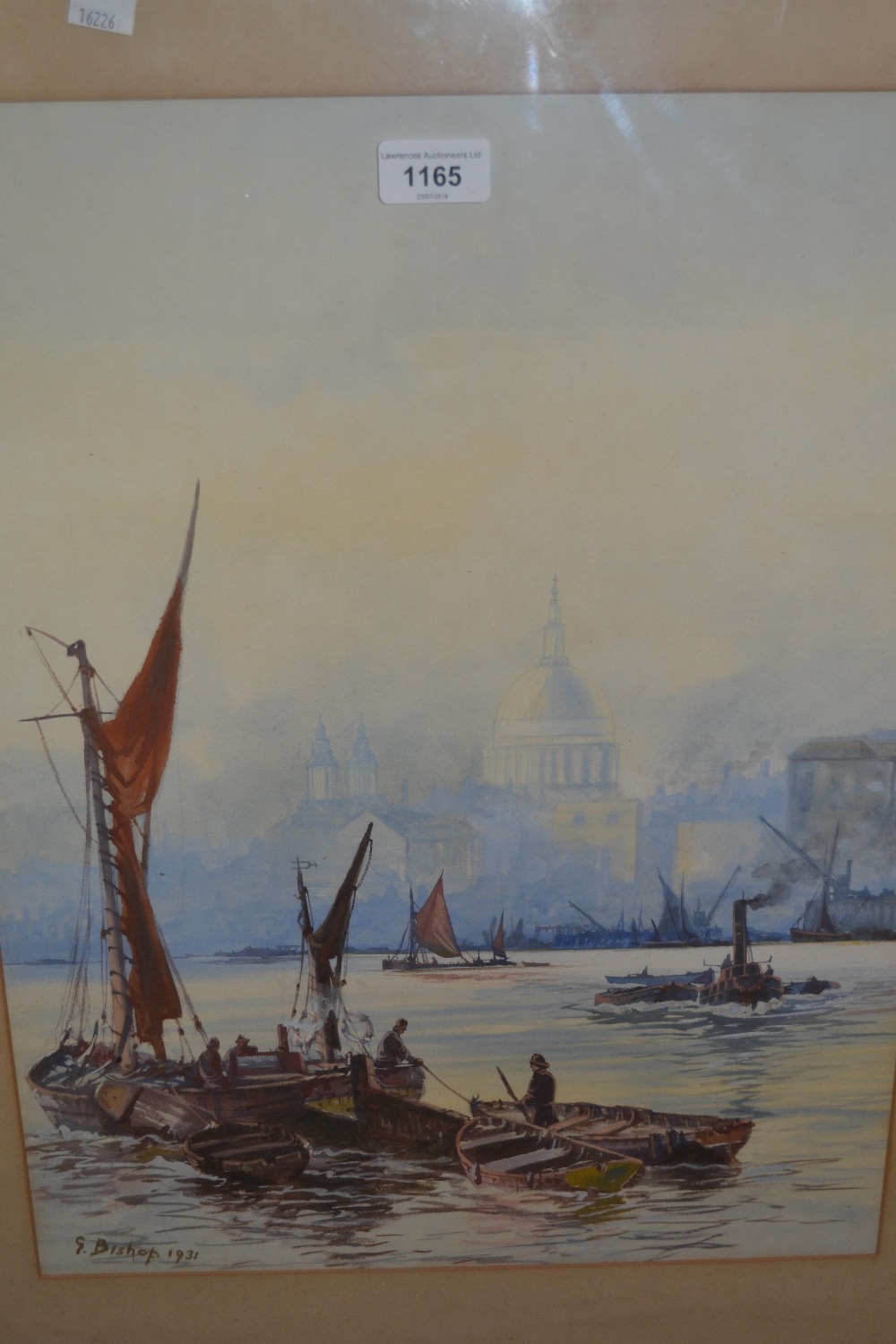 G. Bishop, watercolour, various shipping in the Pool of London with St. Paul's Cathedral in the