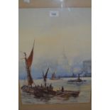 G. Bishop, watercolour, various shipping in the Pool of London with St. Paul's Cathedral in the