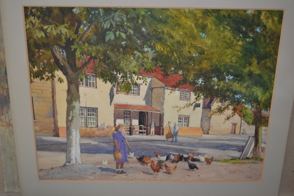 Folder containing three unframed watercolours, street scene and other views, signed Edward Walker,