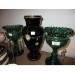 Pair of Victorian green glass enamel and gilt decorated pedestal lustres (lacking some drops) and