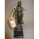 Brown patinated bronze figure of a girl water carrier, mounted on a square black marble plinth base
