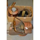 Two copper coal scuttles, set of fire irons, large copper kettle and sundries