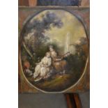 19th Century French school, oil on canvas, garden scene with two ladies singing and playing the