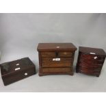 Reproduction mahogany miniature five drawer chest, similar four drawer bow front chest and a