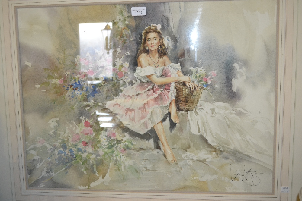 Gordon King, watercolour, study of a seated girl wearing a pink dress with a basket of flowers,