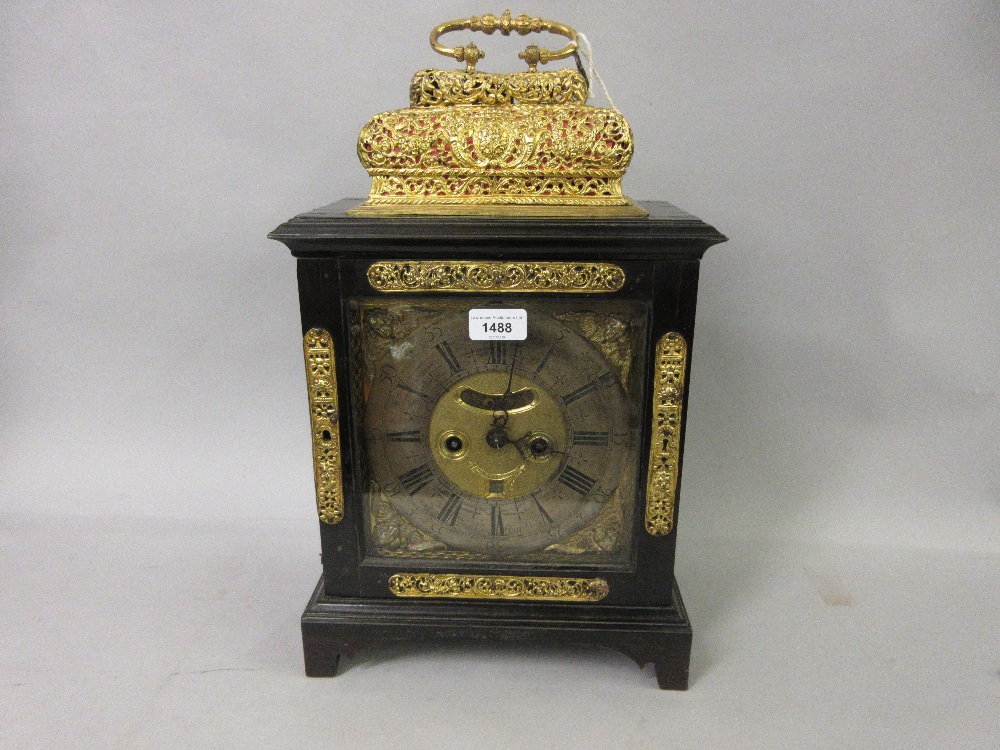 Ebonised and ebony veneered table or bracket clock, the gilt brass dial with silvered chapter