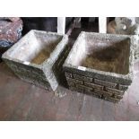Pair of cast concrete square simulated brick garden planters