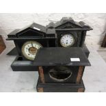 Two 19th Century black slate mantel clocks (at fault), together with a similar metal cased mantel